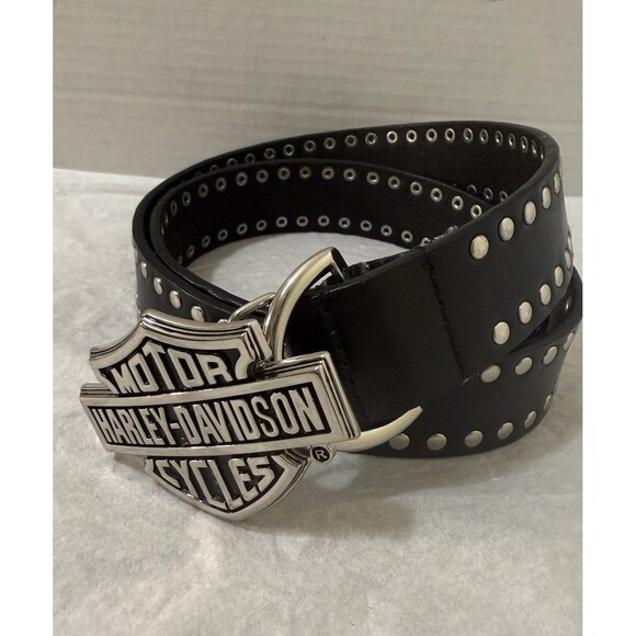 Harley-Davidson Black Leather Belt  W/ Chrome Color Studs Buckle Size 36 Y2K EUC - Picture 1 of 10